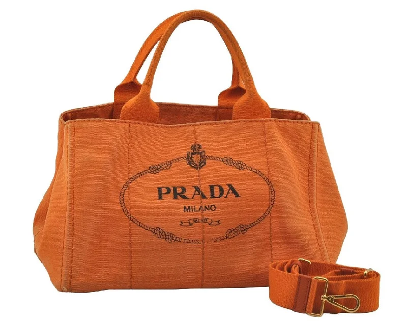 Prada bags with a front - zip pocket for small items like cards and keysAuthentic PRADA Vintage Canapa M Denim 2Way Shoulder Hand Bag Orange 6991J