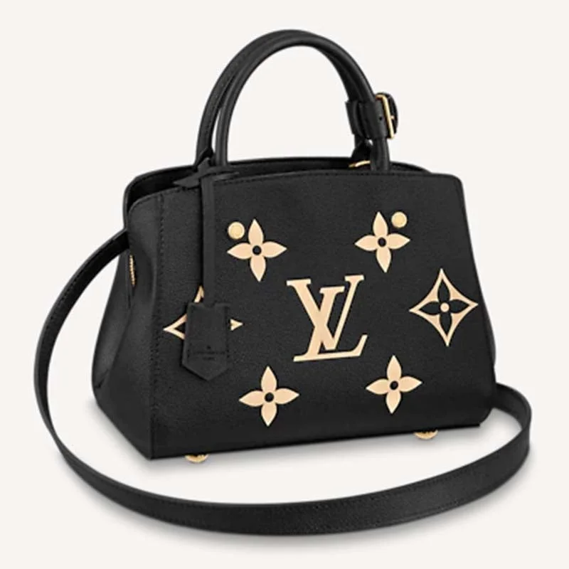 Louis Vuitton handbags with a patent - leather finish for a shiny lookLouis Vuitton Women Montaigne BB Handbag Black Beige Embossed Grained Cowhide Leather