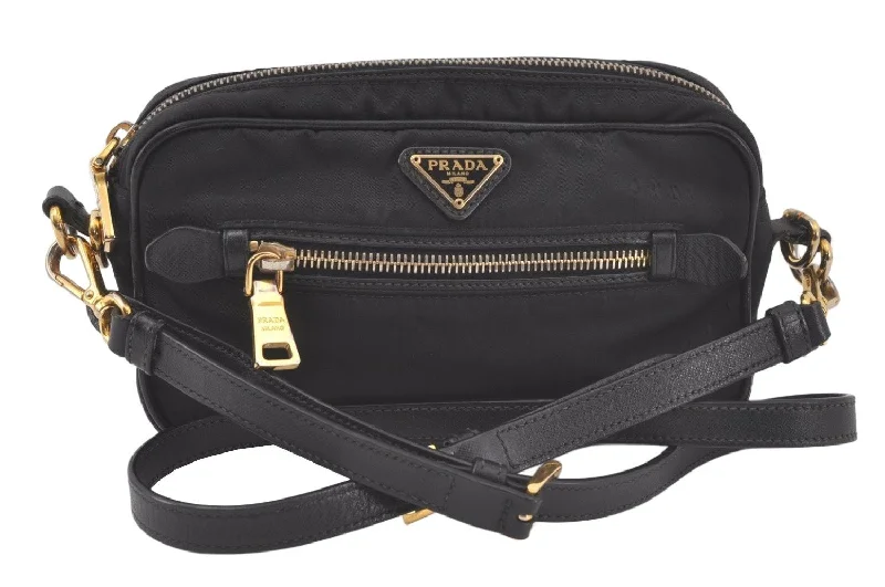 Prada Cahier bags with a detachable shoulder strap for versatile carryingAuthentic PRADA Nylon Tessuto Saffiano Leather Shoulder Cross Bag Black 7221K