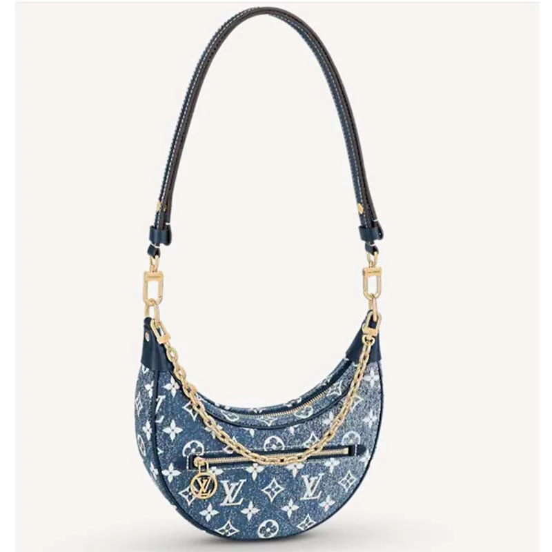 Louis Vuitton crossbody bags with a printed floral pattern for femininityLouis Vuitton LV Women Half-Moon Loop Baguette Handbag Navy Blue Denim Jacquard