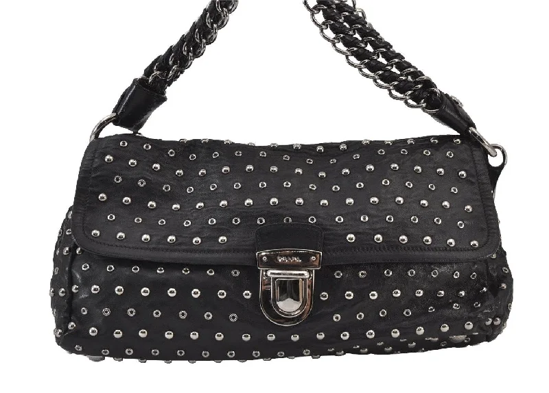 Ladies Prada Galleria bags with gold - toned hardware for a luxurious touchAuthentic PRADA Studs Leather Nappa Chain Shoulder Hand Bag Black Junk 8078J