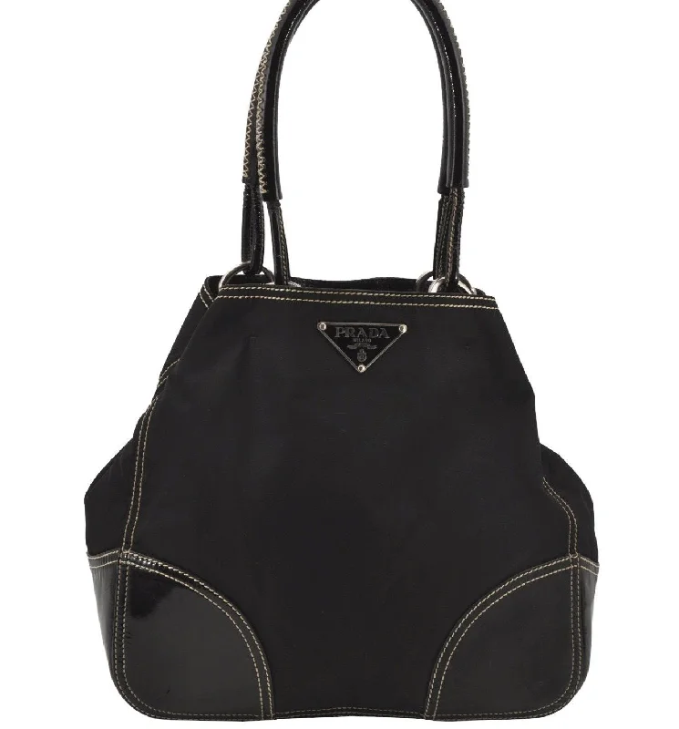 Prada Cleo bags with a curved shape and a chain - link shoulder strapAuthentic PRADA Vintage Nylon Tessuto Enamel Shoulder Tote Bag Black 7054J