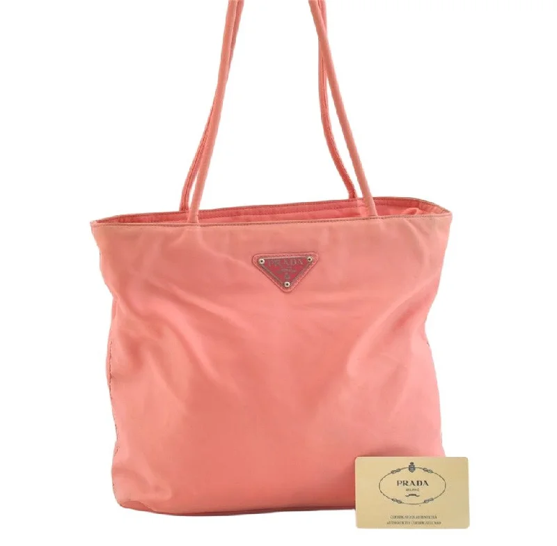 Prada tote bags with a printed Prada logo on the front for brand visibilityAuthentic PRADA Nylon Tessuto City Shoulder Tote Bag B7352 Pink 2393K