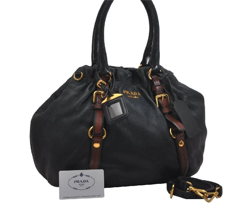 Ladies Prada Re - Edizione 2005 bags with a star - shaped charm for a playful touchAuthentic PRADA Leather Nappa 2Way Shoulder Tote Bag BN1773 Navy Blue 9720J