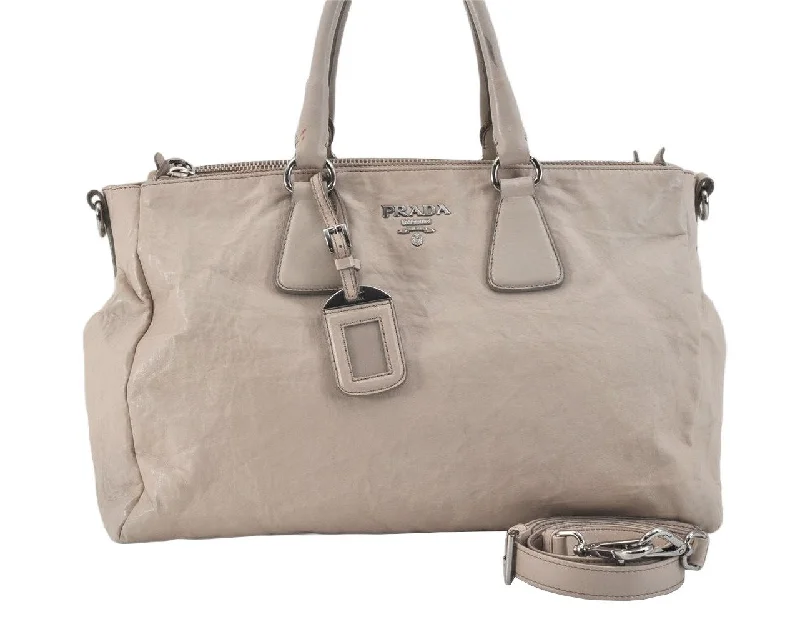 Prada Cleo bags with a snakeskin - effect panel for a bold and trendy lookAuthentic PRADA Vintage Leather 2Way Shoulder Hand Bag Light Gray 2608K