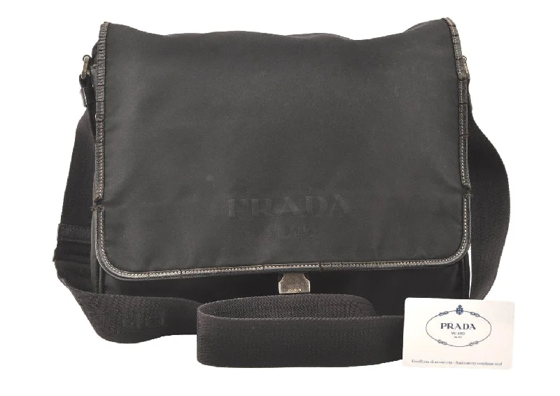 Prada Galleria bags with a structured silhouette for a professional lookAuthentic PRADA Nylon Tessuto Leather Shoulder Cross Body Bag V166 Black 5791K