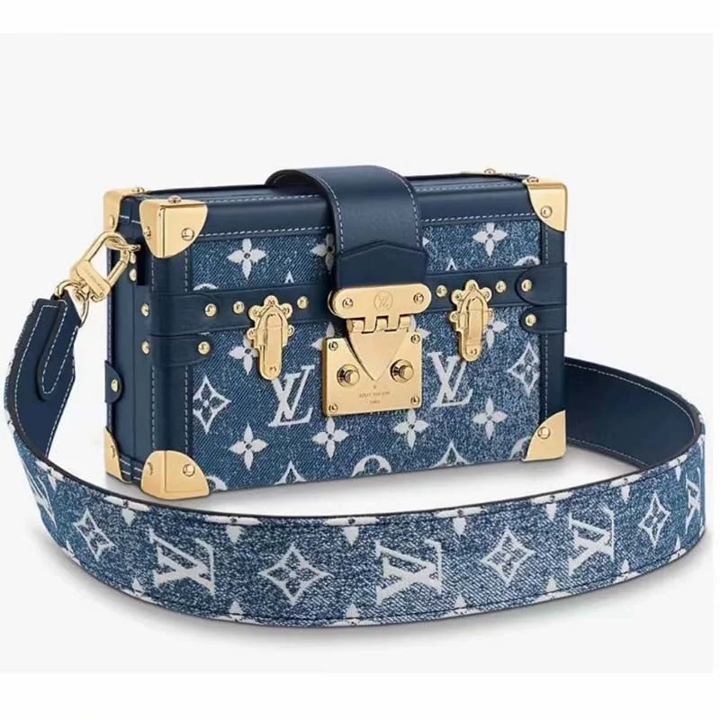 Louis Vuitton handbags with a beaded trim for a touch of glamourLouis Vuitton LV Unisex Petite Malle Box Handbag Blue Denim Monogram Canvas