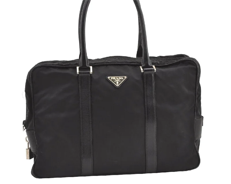 Prada Cleo bags with a contrast - colored interior for visual interestAuthentic PRADA Nylon Tessuto Saffiano Leather Business BriefCase Black 0195K