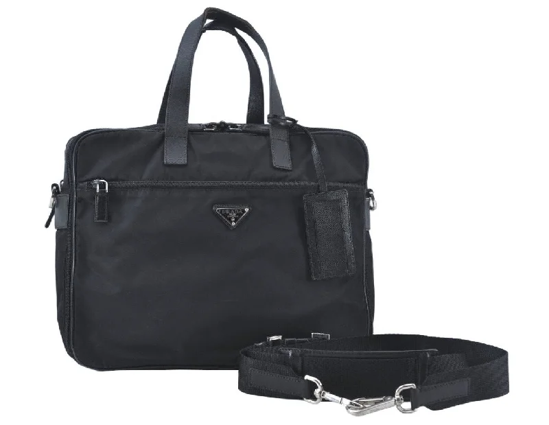 Prada Cleo bags with a curved shape and a chain - link shoulder strapAuthentic PRADA Nylon Tessuto Leather 2Way Shoulder Business Bag Black 8017J