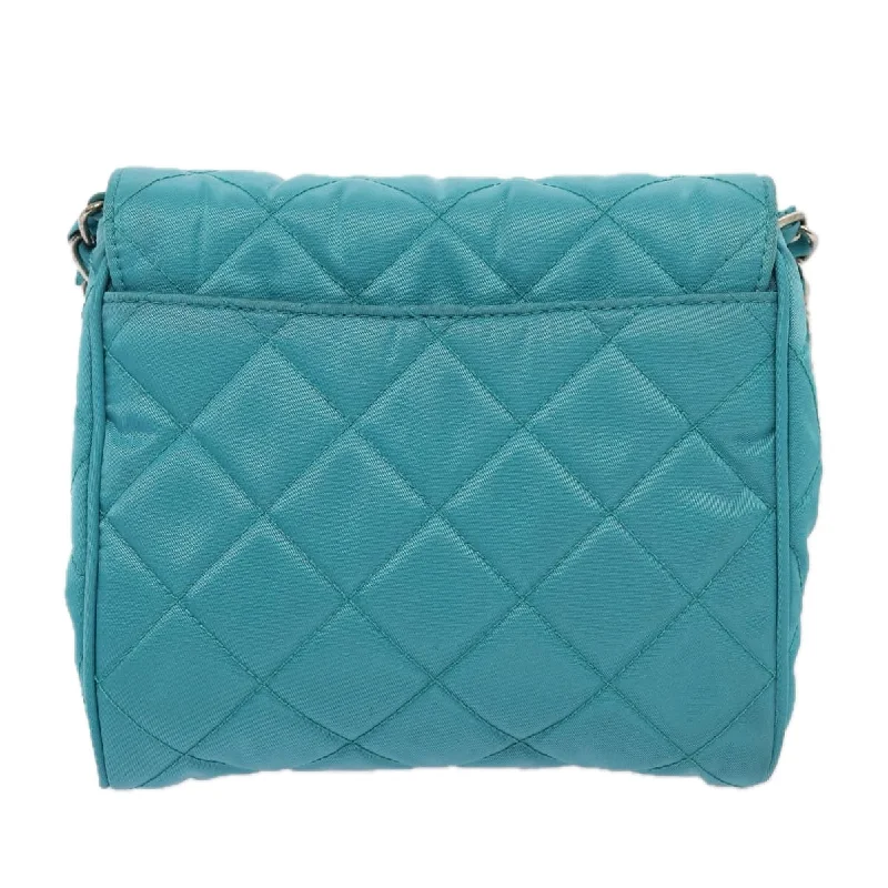 Prada handbags with a metal - framed clasp for durability and stylePRADA Chain Shoulder Bag Nylon Turquoise Blue Silver  86958