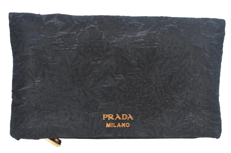 Ladies Prada shoulder bags with a wide - width strap for enhanced comfortAuthentic PRADA Vintage Flower Pattern Canvas Clutch Hand Bag Purse Black L0097