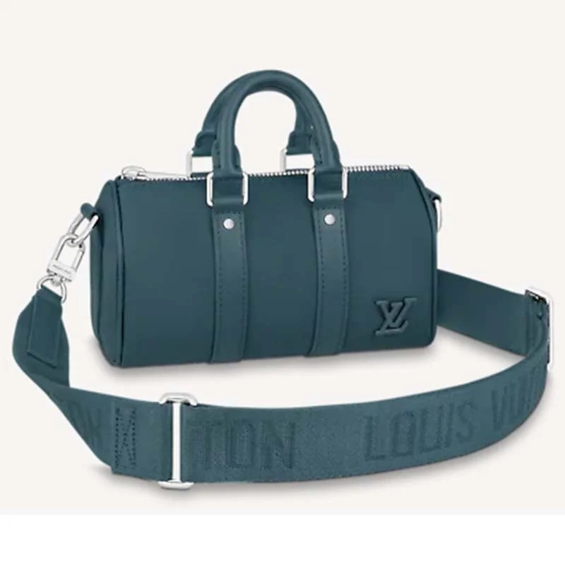 Ladies Louis Vuitton shoulder bags with a single - handle silhouetteLouis Vuitton LV Unisex Keepall XS Blue Aerogram Cowhide Leather Textile Lining