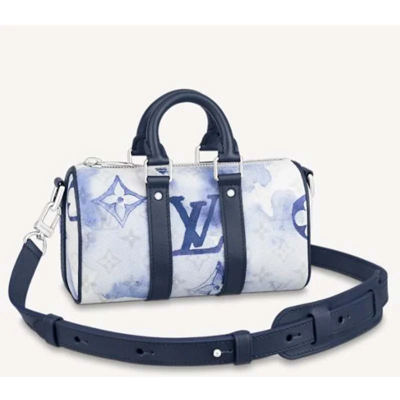 Ladies Louis Vuitton Petite Malle bags with a star - shaped charm for cutenessLouis Vuitton Unisex Keepall XS Monogram Watercolor Blue Coated Canvas Cowhide Leather