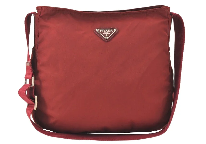 Ladies Prada handbags with a detachable wallet inside for added convenienceAuthentic PRADA Nylon Tessuto Leather Shoulder Cross Body Bag Bordeaux 5998K