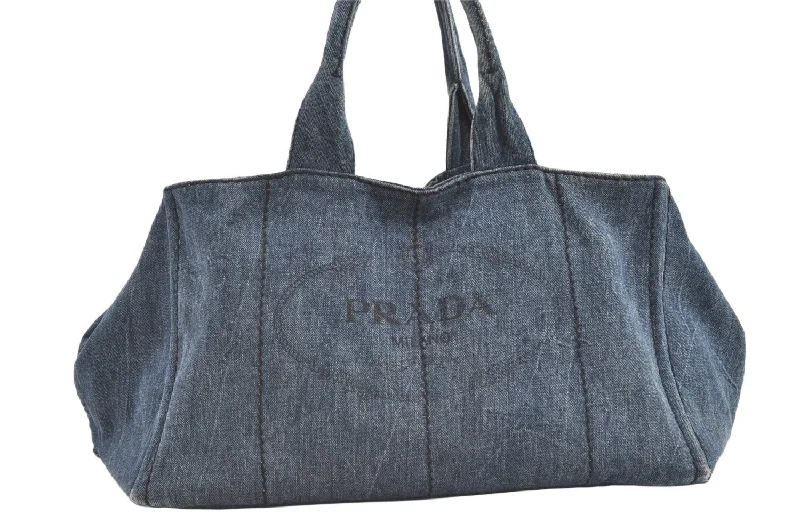 Prada tote bags with a water - resistant coating for outdoor activitiesAuthentic PRADA Vintage Canapa L Tote Hand Bag Denim Blue 0252K