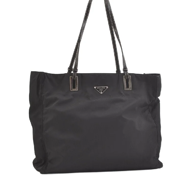 Prada bags with a zip - top closure and multiple interior pockets for organizationAuthentic PRADA Vintage Nylon Tessuto Leather Shoulder Tote Bag Black 2711K