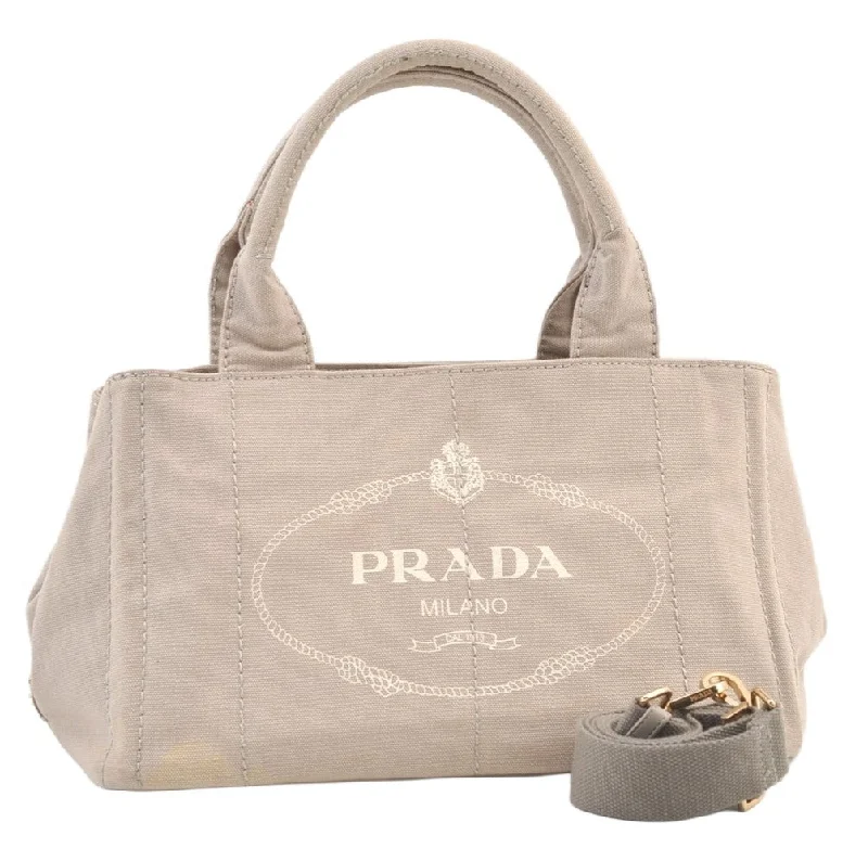 Prada bags with a snap - button closure and a decorative charm for a fashionable lookAuthentic PRADA Vintage Canapa M Denim 2Way Shoulder Hand Bag Beige 1462K