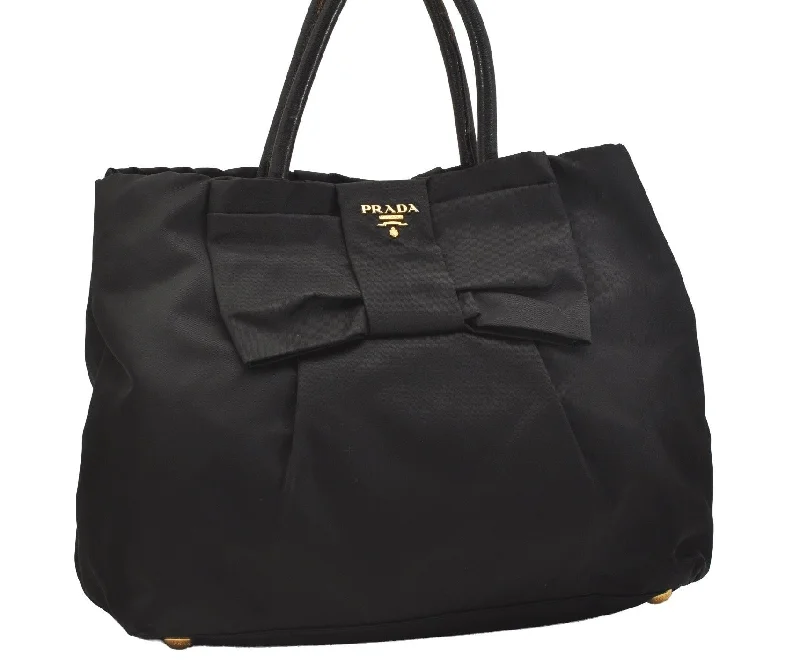 Ladies Prada shoulder bags with a magnetic - closure flap for easy opening and closingAuthentic PRADA Vintage Ribbon Nylon Tessuto Leather Tote Hand Bag Black 6989J