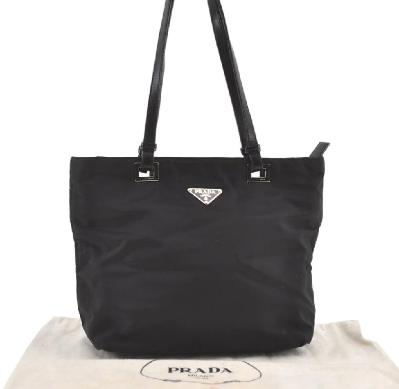 Prada bags with a zippered interior pocket for separating itemsAuthentic PRADA Nylon Leather Shoulder Tote Bag Purse Black 0700K