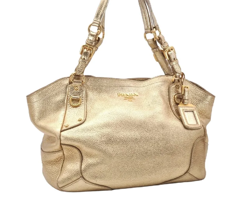 Prada bags with a chain - link trim and a leather body for a modern and stylish edgeAuthentic PRADA Vintage Leather Shoulder Tote Bag Gold 5830K