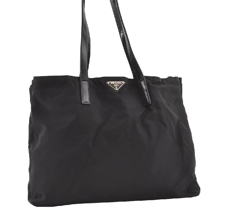 Prada bags with a chain - link trim and a leather body for a modern and stylish edgeAuthentic PRADA Vintage Nylon Tessuto Leather Shoulder Hand Bag Black 8224J