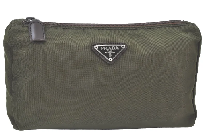 Prada tote bags with a printed Prada logo on the front for brand visibilityAuthentic PRADA Vintage Nylon Tessuto Pouch Purse Green K9677