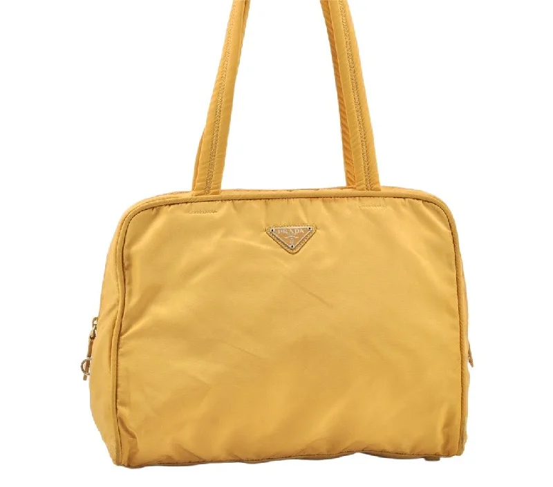 Prada Cahier bags with a detachable shoulder strap for versatile carryingAuthentic PRADA Nylon Tessuto Leather Shoulder Hand Bag Purse Yellow 6217K