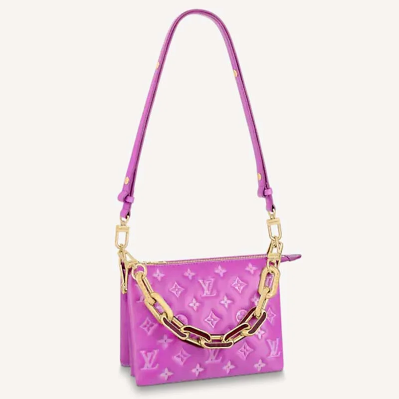 Louis Vuitton bags with a detachable mirror inside for on - the - go touch - upsLouis Vuitton LV Women Coussin BB Handbag Orchidee Purple Monogram Embossed Puffy Lambskin