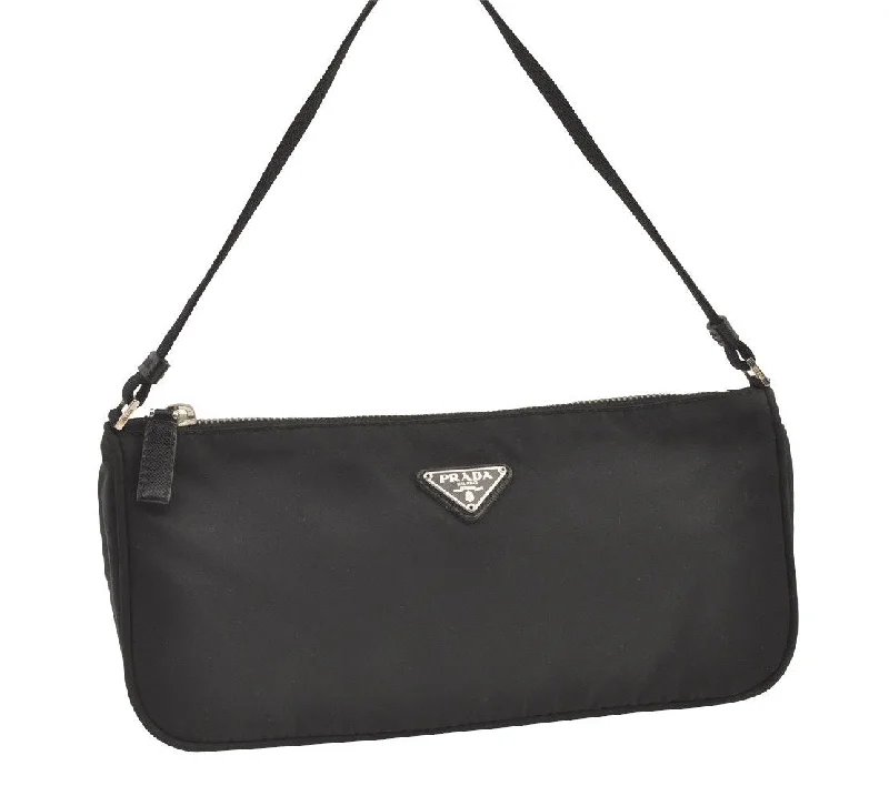 Ladies Prada Galleria bags with a textured leather surface for a more tactile lookAuthentic PRADA Nylon Tessuto Saffiano Leather Hand Bag Pouch Purse Black 9384J