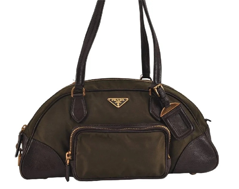 Prada Cahier bags with a monogram - embossed leather surfaceAuthentic PRADA Nylon Tessuto Leather Shoulder Hand Bag Khaki Green 9730J