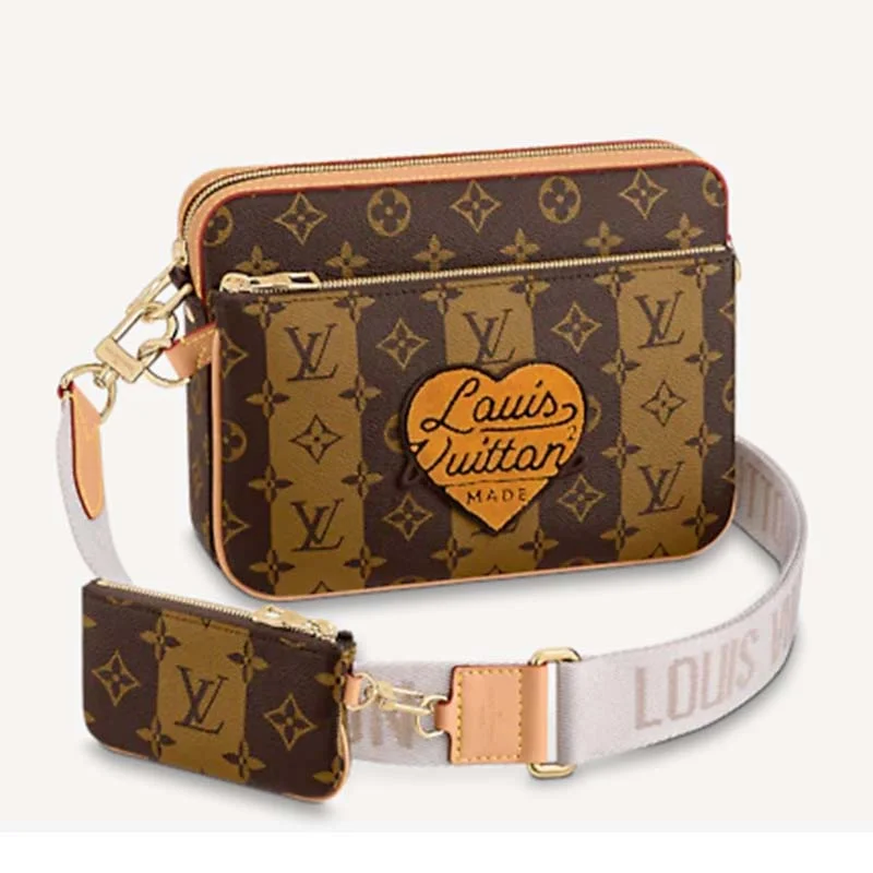 Ladies Louis Vuitton shoulder bags with a wide - width strap for comfortLouis Vuitton Unisex Trio Messenger Bag Monogram Stripes Brown Coated Canvas