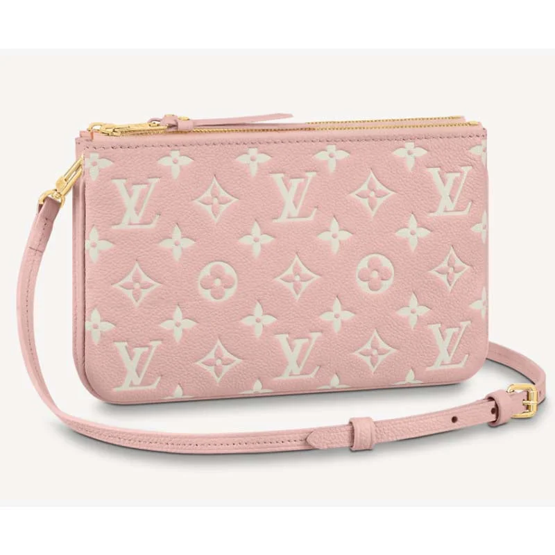 Louis Vuitton crossbody bags with a printed floral pattern for femininityLouis Vuitton Double Zip Pochette Pink Monogram Empreinte Embossed Supple Grained Cowhide