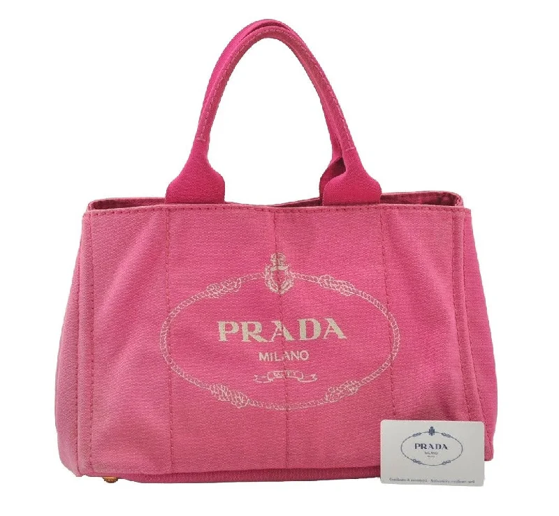 Prada tote bags with a printed Prada logo on the front for brand visibilityAuthentic PRADA Canapa M Canvas Tote Hand Bag BN1877 Pink 7663J