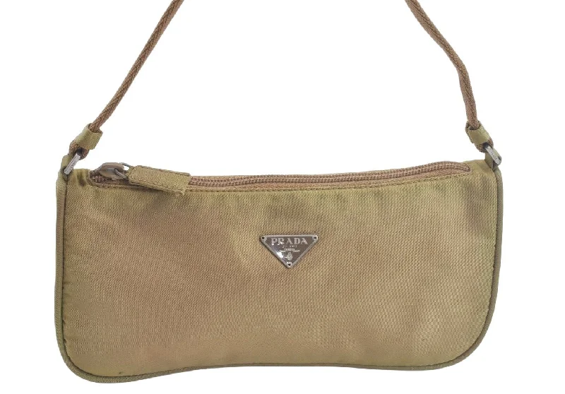 Prada handbags with a beaded trim for a touch of glamour and eleganceAuthentic PRADA Nylon Tessuto Hand Bag Pouch Purse Beige L0616