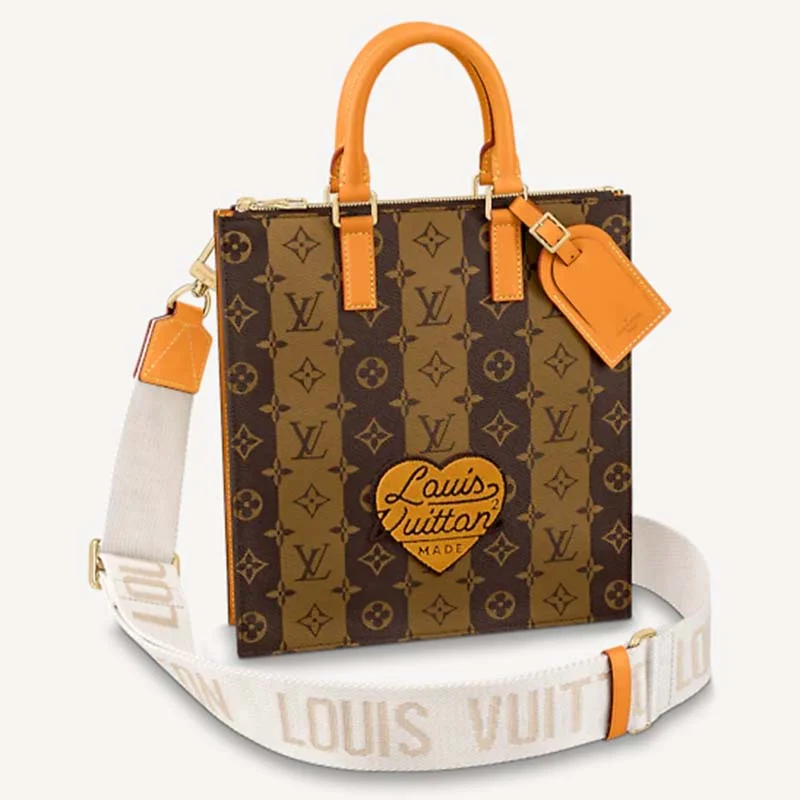 Louis Vuitton bags with a snap - button closure and a decorative charm for styleLouis Vuitton LV Unisex Sac Plat Cross Monogram Stripes Brown Coated Canvas