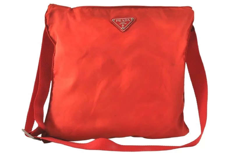 Ladies Prada Galleria bags with gold - toned hardware for a luxurious touchAuthentic PRADA Nylon Tessuto Leather Shoulder Cross Body Bag Purse Red 5879K