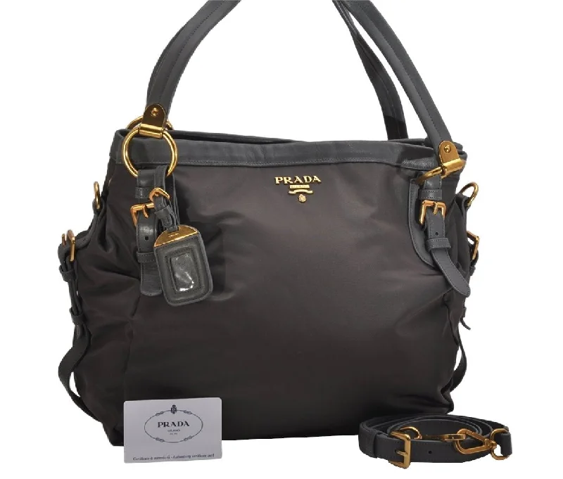 Prada Cleo bags with a curved shape and a chain - link shoulder strapAuthentic PRADA TESSUTO NAPPA Nylon Leather 2Way Tote Bag BR4290 Gray 9862J