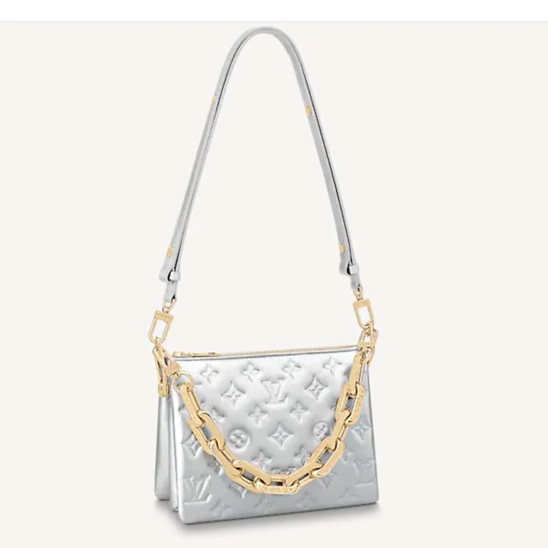 Louis Vuitton crossbody bags with adjustable shoulder straps for comfortLouis Vuitton LV Women Coussin BB Handbag Silver Monogram Embossed Puffy Lambskin