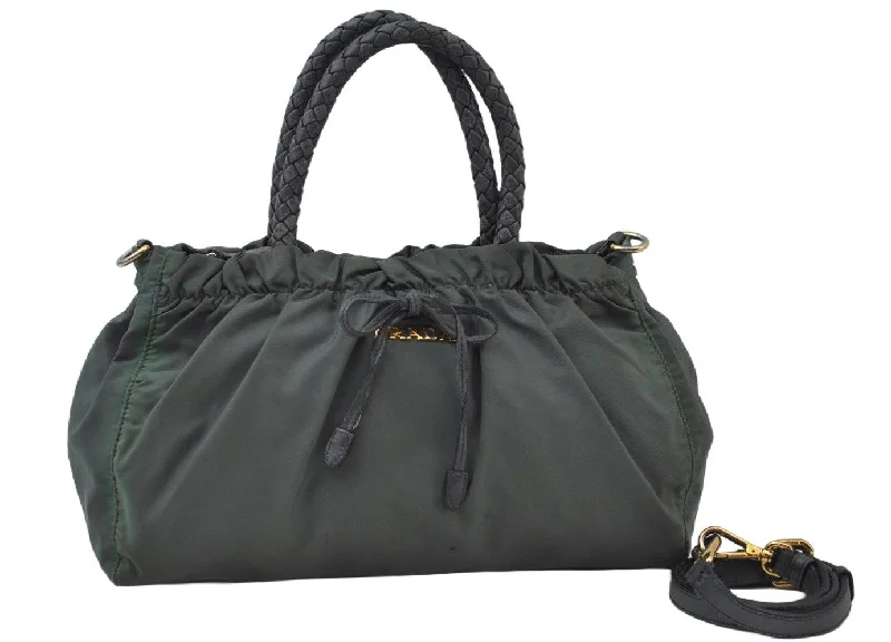 Prada bags with a detachable mobile phone holder for on - the - go convenienceAuthentic PRADA Bow Ribbon Nylon Leather 2Way Hand Bag Green L0102