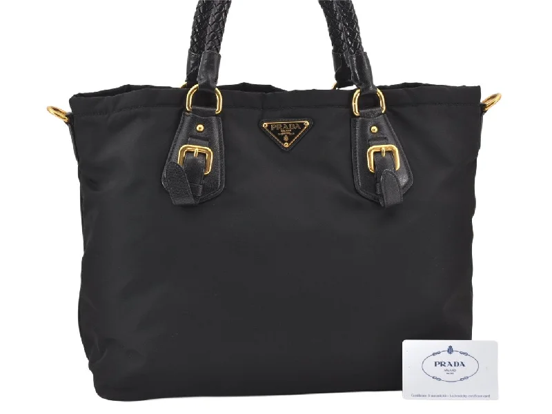 Ladies Prada shoulder bags with a tassel - adorned zipper for added charmAuthentic PRADA + VITELLO Nylon Leather 2Way Tote Bag BN1826 Black 1826K