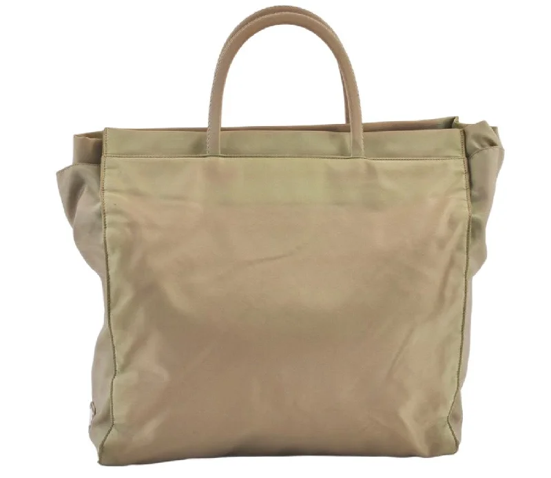 Ladies Prada shoulder bags with a tassel - adorned zipper for added charmAuthentic PRADA Vintage Nylon Tessuto Shoulder Tote Bag Beige Green 0480K