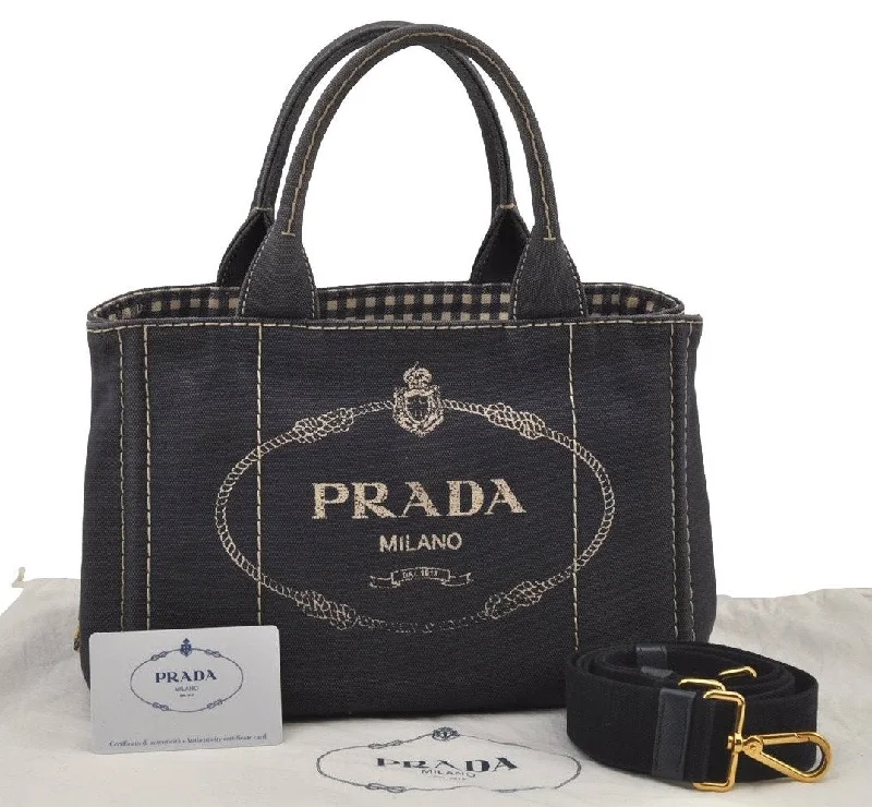 Prada handbags with a patent - leather finish for a shiny and sophisticated appearanceAuthentic PRADA CANAPA SS Denim 2Way Shoulder Hand Bag 1BG439 Navy Blue 6984J