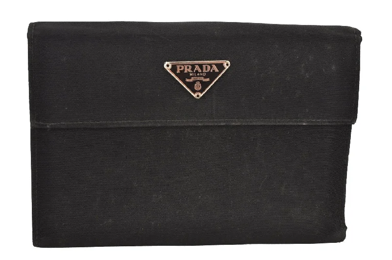 Prada tote bags with a printed Prada logo on the front for brand visibilityAuthentic PRADA Vintage Nylon Saffiano Leather Trifold Wallet Purse Black 8316J