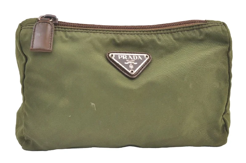 Prada bags with a front - flap pocket for quick access to essentialsAuthentic PRADA Vintage Nylon Tessuto Leather Pouch Purse Green 9321J