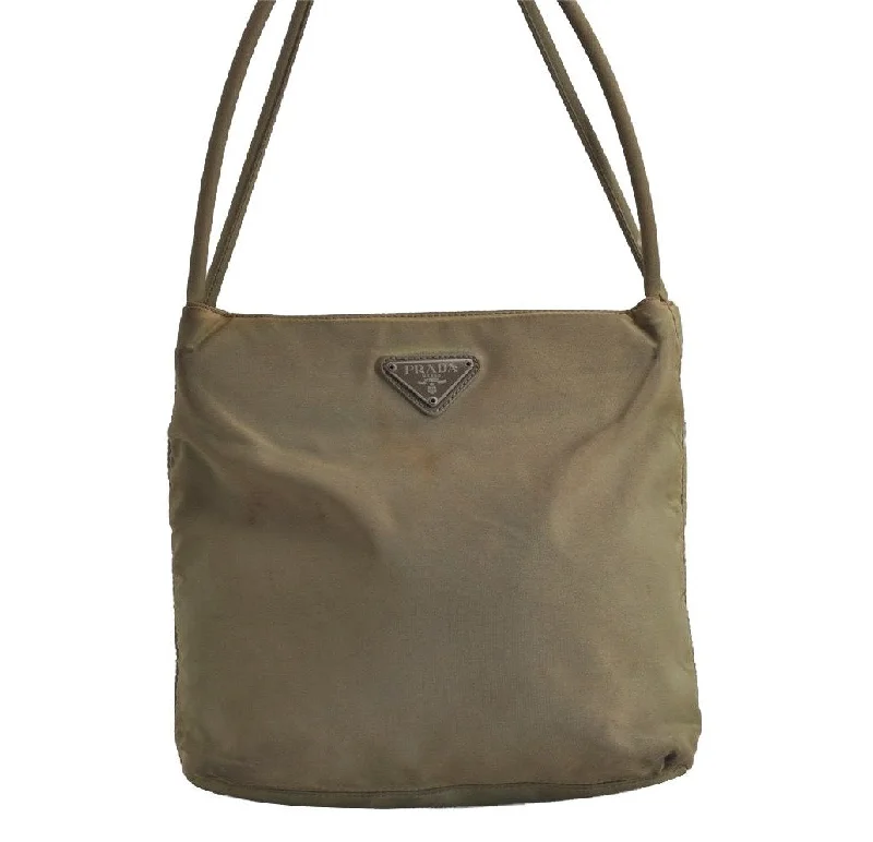 Prada tote bags with a spacious interior and a magnetic - snap closureAuthentic PRADA Nylon Tessuto Shoulder Hand Bag Purse Khaki Beige  8105J