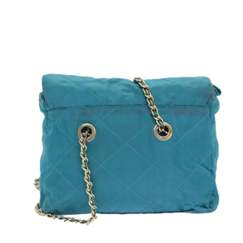 Prada bags with a snap - button closure and a decorative charm for a fashionable lookPRADA Chain Shoulder Bag Nylon Blue  ar12043