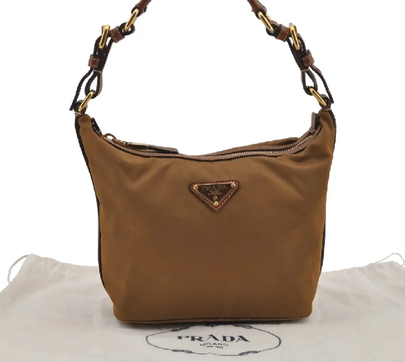 Prada bags with a detachable mobile phone holder for on - the - go convenienceAuthentic PRADA Nylon Tessuto Leather Shoulder Hand Bag Purse Brown 8014J