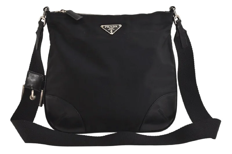 Small - sized Prada Saffiano leather bags for a compact and stylish carryAuthentic PRADA Nylon Tessuto Leather Shoulder Cross Body Bag Purse Black 0148K