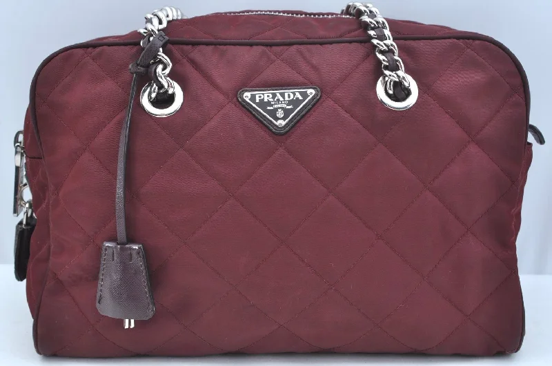 Prada Cahier bags featuring the signature triangular logo plaqueAuthentic PRADA Nylon Tessuto Leather Chain Shoulder Hand Bag Bordeaux 0655H