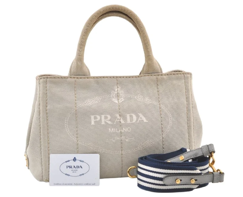 Prada handbags with a patent - leather finish for a shiny and sophisticated appearanceAuthentic PRADA CANAPA SS Canvas 2Way Shoulder Hand Bag 1BG439 Gray 0175K